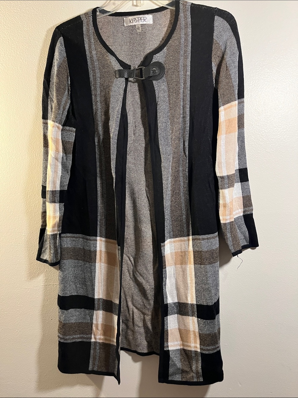 Kasper Black Gray Cream Plaid Long Open Cardigan Jacket